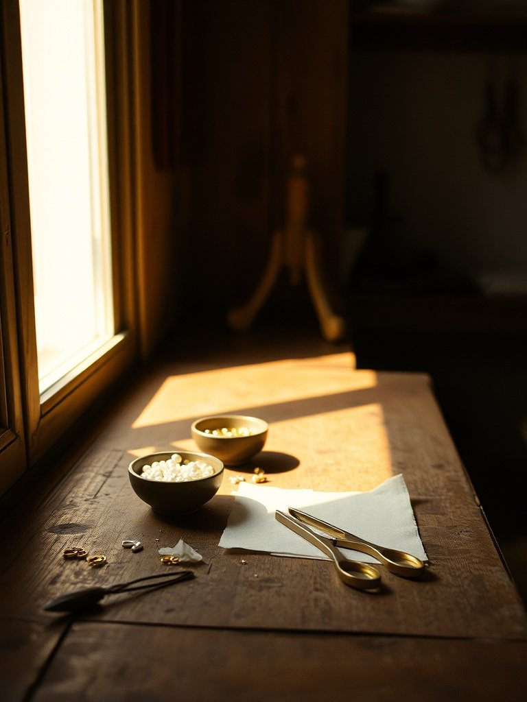 inside the studio — a wooden workbench with bowls of pearls and brass tools in late afternoon light