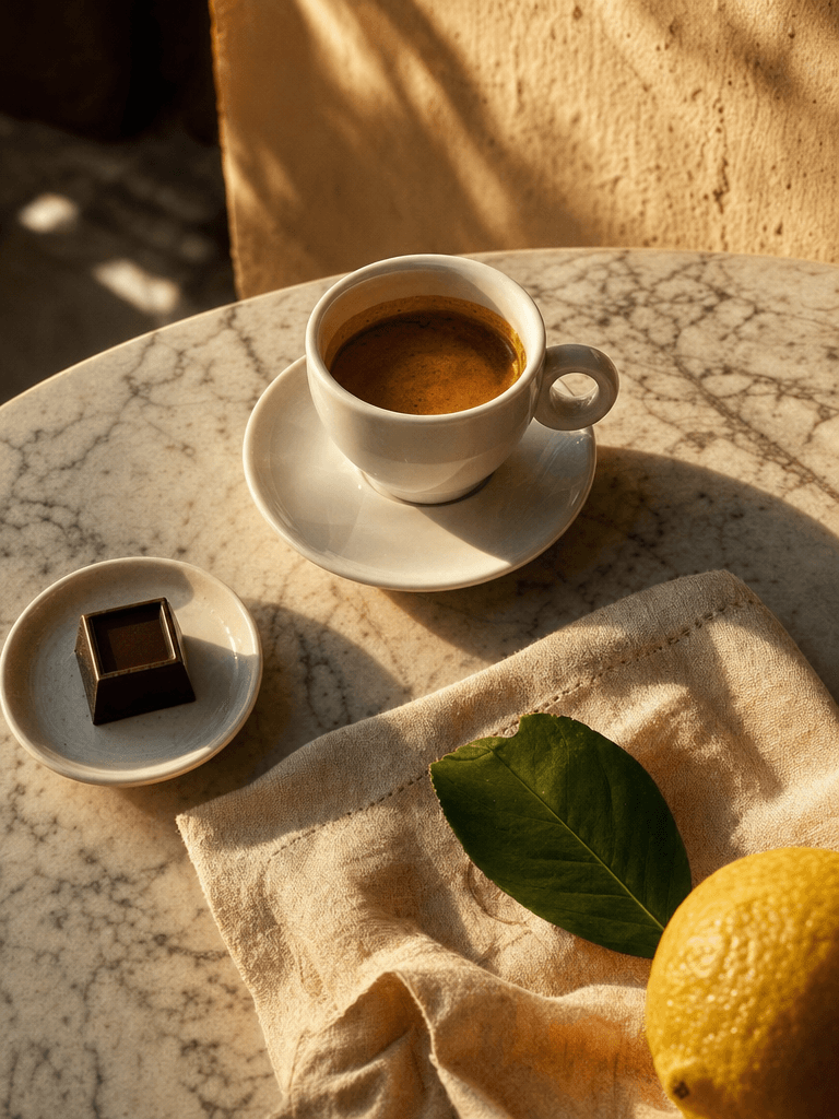 a small espresso on a marble table with a square of chocolate, a lemon and a green leaf