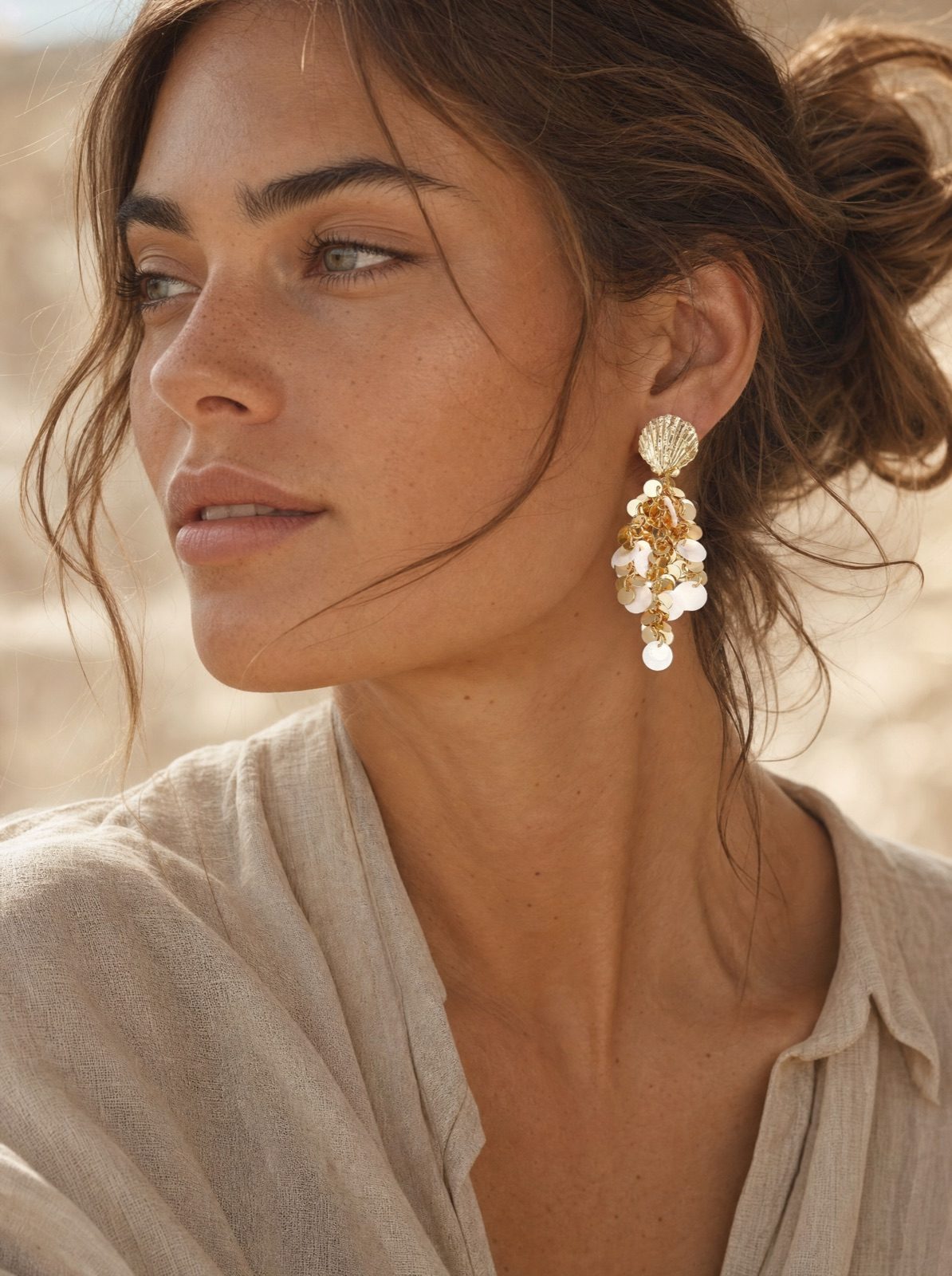woman wearing the shell earrings with hanging gold sequins, side profile in soft afternoon light in a linen shirt