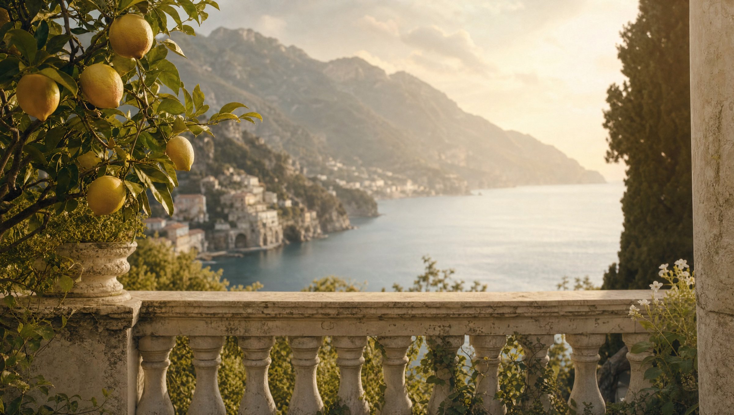 a sicilian terrace overlooking the sea in afternoon light, olive branches and warm stone in the foreground