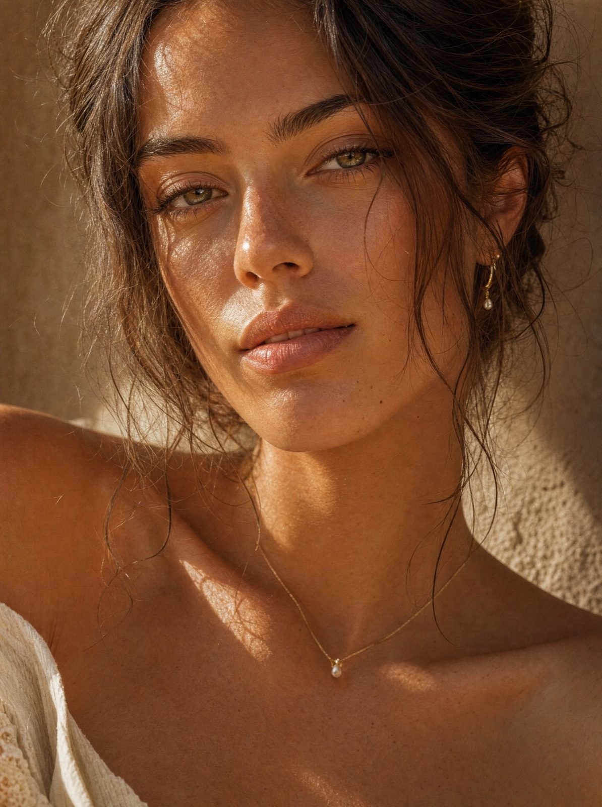 close detail of gold stainless steel jewellery worn against skin in soft mediterranean light