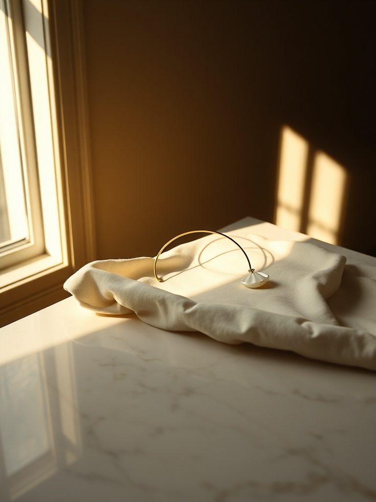 a thin brass curve resting on cream linen across a carrara marble surface in late afternoon light