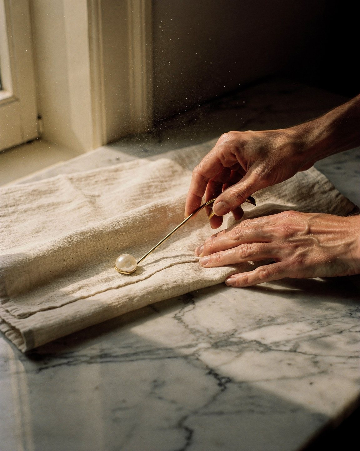 hands placing a thin brass curve and a single mother-of-pearl bead onto folded cream linen across pale carrara marble in afternoon light