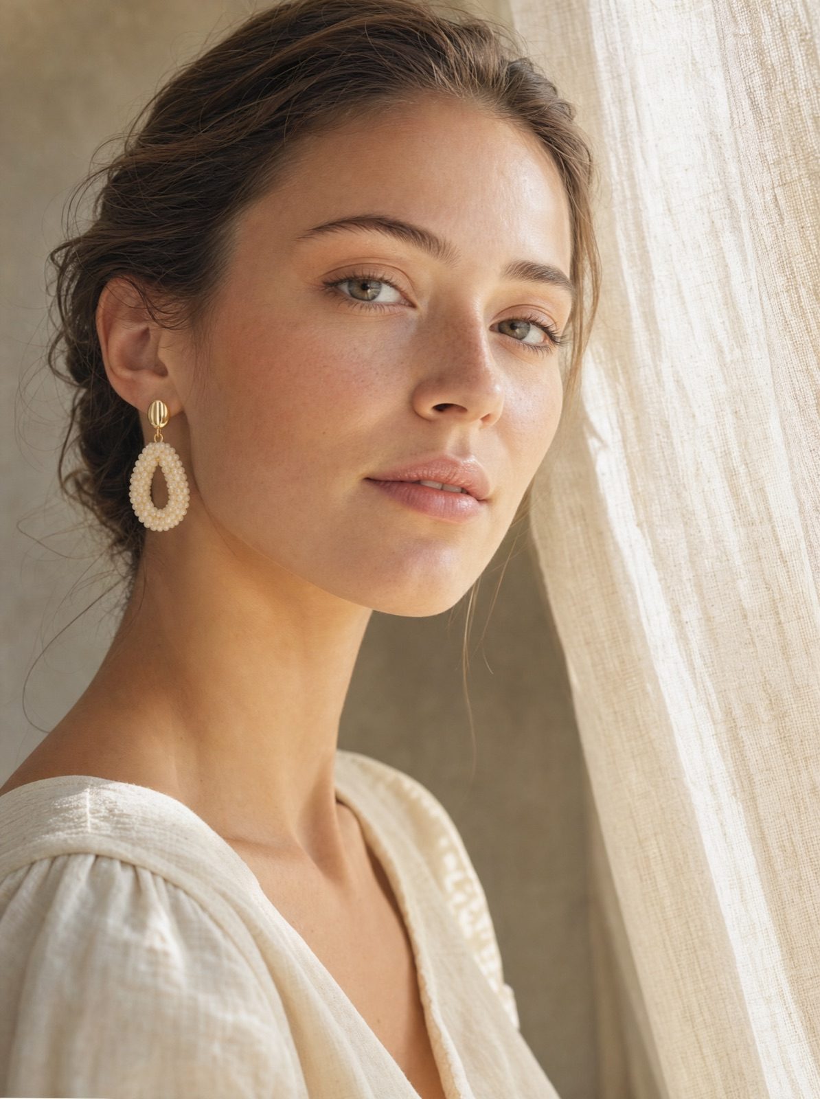 woman wearing the amalfi drops in rice white, side profile in soft afternoon light