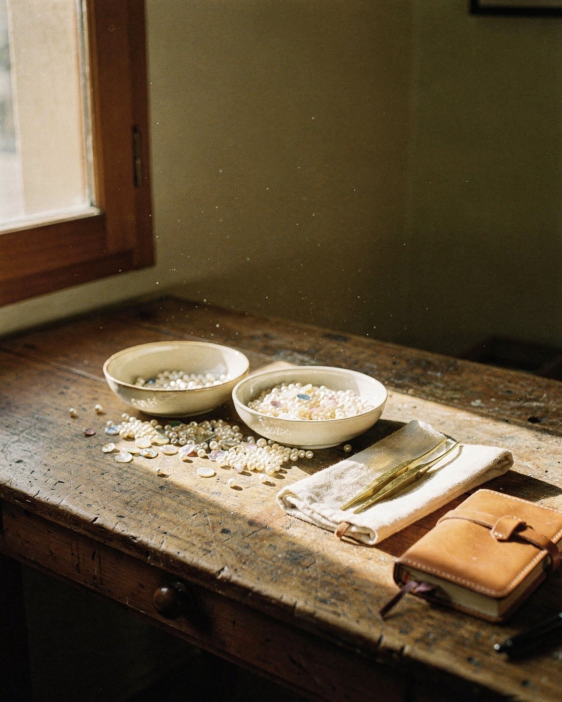 a worn wooden workbench in afternoon light, shallow ceramic bowls of mother-of-pearl pearls, brass tweezers on cream linen, a leather notebook