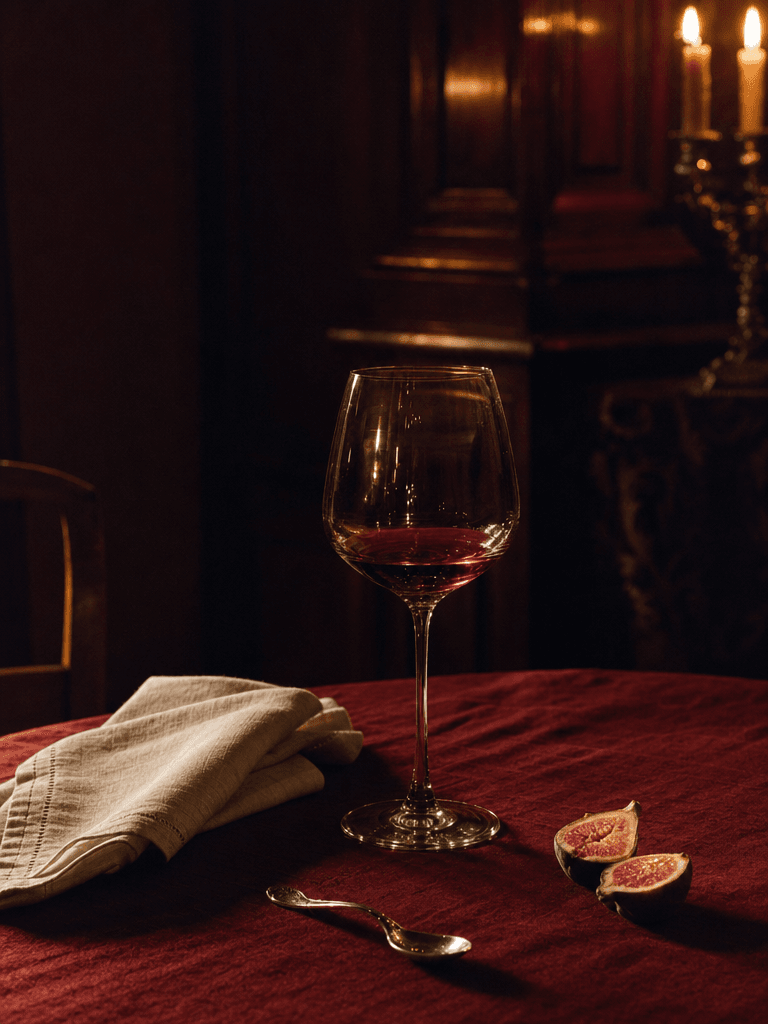 a glass of red wine on a dark table, with cream linen and two figs, low evening light